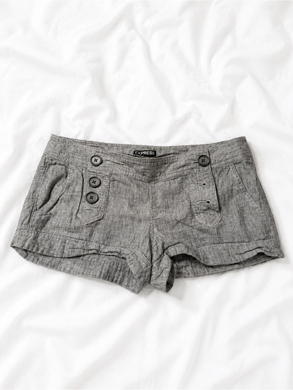 Express Gray High-Waist Linen-Blend Shorts with Button Detail